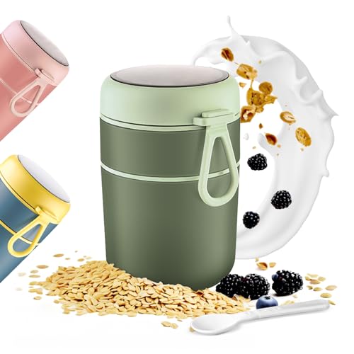 etoper Gobelet à céréales à emporter - 600 ml + 210 ml - En acier inoxydable - Anti-fuite - Avec cuillère et couvercle - Pour muesli à emporter, yaourt à emporter, céréales - Vert