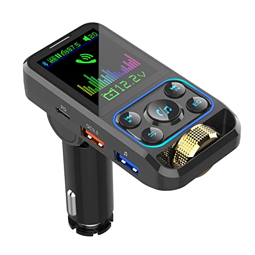 Bluetooth 5.3 FM Transmitter for Car, Stronger Microphone & HiFi Bass Sound, 48W PD&QC3.0 Bluetooth Car Adapter with Hands-Free Call, Noise Reduction, Scroll Wheel Design