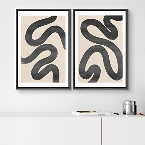 SIGNWIN Framed Wall Art Print Set Black Squiggly Lines Over Tan Background Abstract Swirly Digital Art Modern Art Mid-Century Modern Expressive for Living Room, Bedroom, Office - 24\"x36\"x2 Black - Thumbnail 2