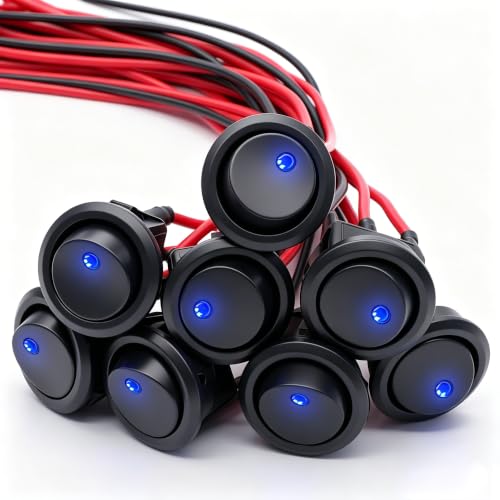 Twidec/8Pcs SPST Round Dot Lighted Rocker Switch Toggle Control for Car Or Boat 20A 12V DC On/Off Blue LED Light with Pre-soldered Wires KCD2-102N-BU-X