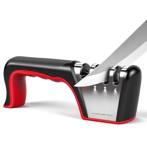 4-in-1 Knife Sharpener, Sturdy Manual Knife Sharpeners for Kitchen Knives, Professional Ergonomic Knife Sharpening Kit with 4 Stage Sharpening Slots, Portable Knife Sharpener for Knives, Scissors