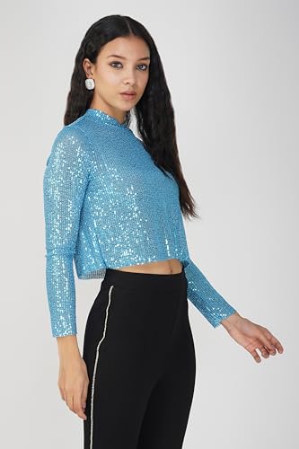 Image of SAFFE Women's Casual Loose Fit Full Sleeve Turtle Neck Sequined Crop Top (Blue)