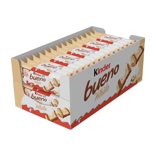 KINDER BUENO WHITE: l'irresistibile snack dolce, che coniuga wafer croccante, crema alle nocciole e delizioso cioccolato Bianco Kinder, per un piacere delicato a cui è impossibile resistere
