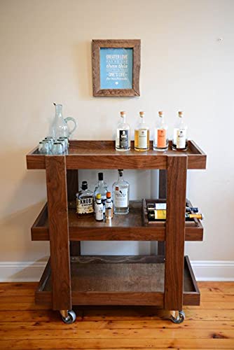 Image of 3-Tier Solid Wood Rolling Bar Cart, Wine Serving Cart with Wheels and Seasoning Rack, Ideal for Dining Room Trolley (3 Tier, Brown Polish) (Style 9)