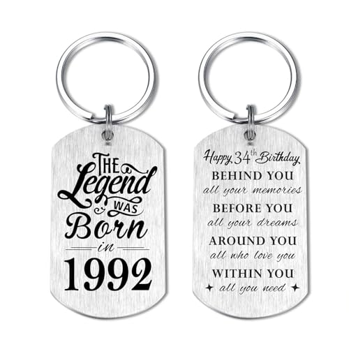 Yobent 34th Birthday Gifts for Him Men 1992, 34 Year Old Birthday Gifts for Her Women, Happy 34th Bday Keyring, The Legend was Born in 1992