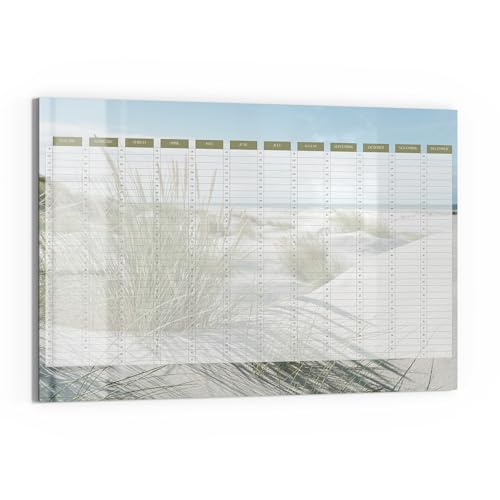 DEQORI Glas-Magnettafel | 90x60 cm cm groß | Motiv Jahresplaner Sand (EN) | Memo-Board aus Glas | Magnetboard inkl. Magnete, Stift & Tuch für Küche & Büro | Tafel magnetisch & beschreibbar