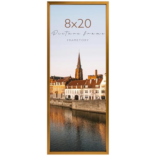 Frametory 8x20 Aluminum Picture Frame Real Glass Front Thin Metal Poster Frame for 20 x 8 Pictures Horizontal/Vertical Wall Mount (1 Pack Bronze)