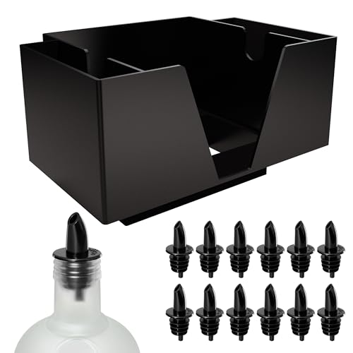 Esatto Bar Products Premium Square Bar Caddy (Black), Professional Bar Tool Used to Easily Organize Bar Items and Workspace, Comes With 12 Black Plastic Pourers For Easy and Precise Pouring