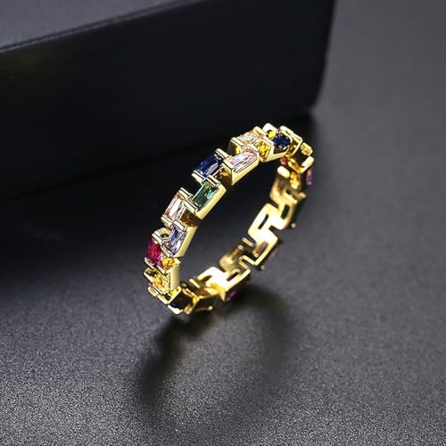 Emerald Cut Rainbow Moissanite Eternity Ring, 14K Gold Wedding Band for Women, Unique Gift4