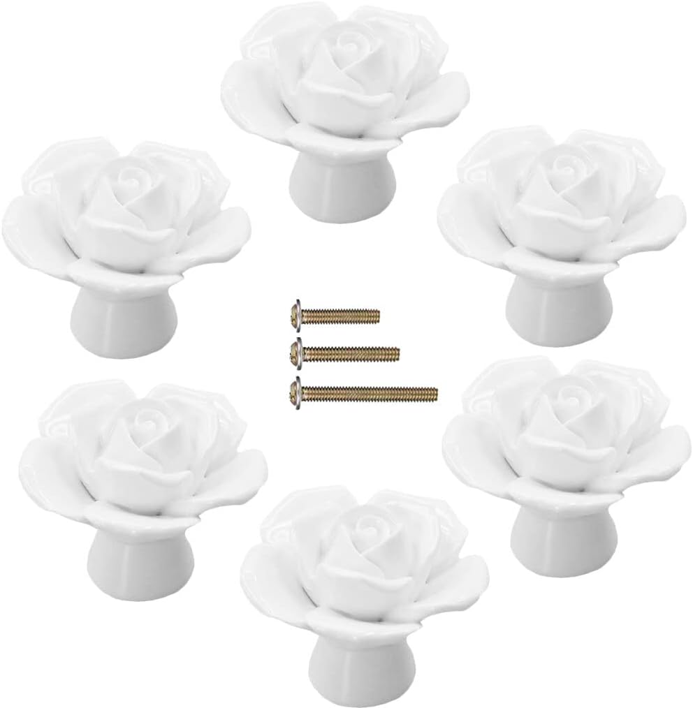 Ceramic Elegant Rose Flower Cabinet Knobs, 6Pcs White Vintage Kitchen Rose Flower Drawer Knobs Pull Handles for Girl's Room Dresser Cupboard Wardrobe with 3 Size Screws (6 Pack, White)
