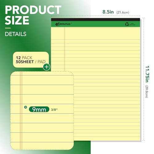 KAISA Legal Note pads 8.5 x 11,12pads 600 Sheets note pads office supplies Recycled Paper 8.5 x 11 Wide Ruled 50 sheets Premium Thick Paper Hard Back