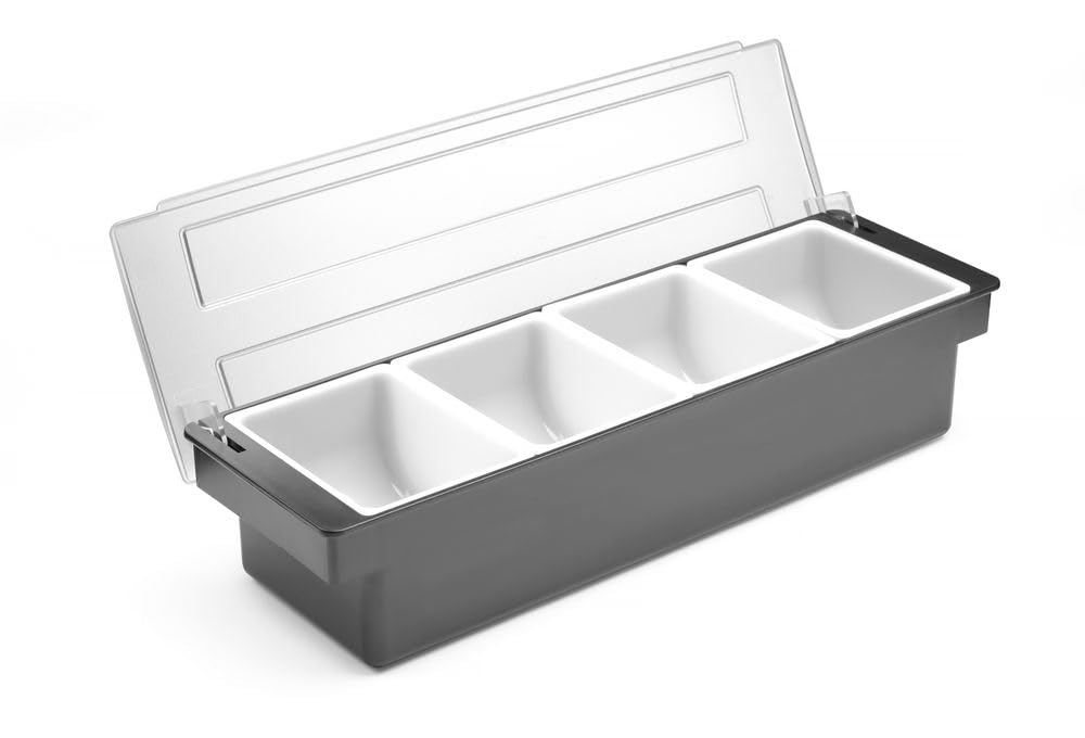HENDI Portacondimentos de Bar, Bandeja de Guarniciones para Cócteles BarUp, Caja Organizadora con Tapa Transparente, 4 Contenedores de Polipropileno, 480x150x(H) 100mm, HIPS, Negro