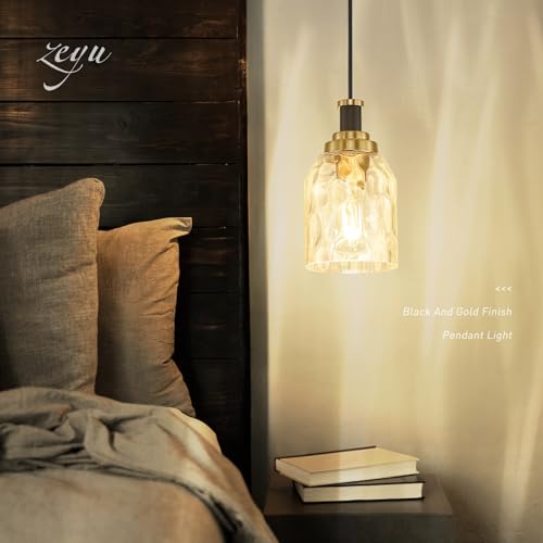 Image of zeyu Pendant Light 2 Pack, Vintage Adjustable Hanging Light for Hallway, Haning Light Fixture Ceiling with Water Ripple Glass Shade, Black and Gold Finish, ZG33M1L-2 BK+BG-WG