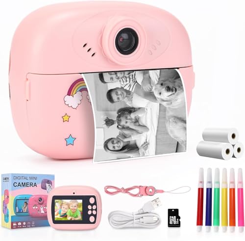 Hiwoor Kids Instant Print Camera 48MP Digital Camera for Kids with Inkless Photo Printer 3 Rolls Print Paper & 32GB Card 1080P Video Selfie Mode DIY Graffiti Ideal Birthday Gift for Girls & Boys