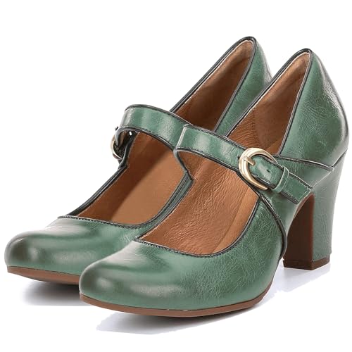 Image of SHODENSE Women Vintage Chunky High Heel Mary Jane Shoes Round Closed Toe Ankle Strap Dress Sandals 3 inch Block Heels Mary Jane Lolita Pumps Two-Toned Patchwork Buckle Office Lady Wedding Retro 4-11 M US