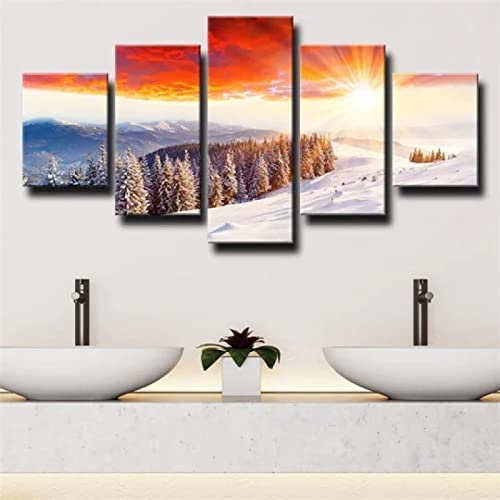 Peintures sur toile 5 pièces pour illuminer un salon sombre paysage d'hiver