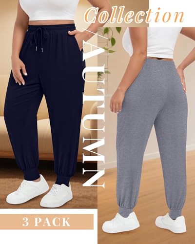 3Pack Women's Plus Size Sweatpants with Pockets Drawstring Elastic Waist Joggers Lounge Running Yoga Pants Trousers2