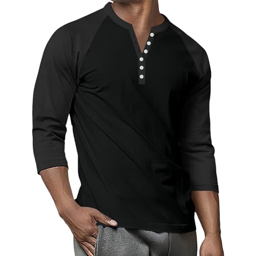3/4 Sleeve T Shirts for Men Summer Crewneck Button Up Henley Shirt Colorblock Business Casual Tops2