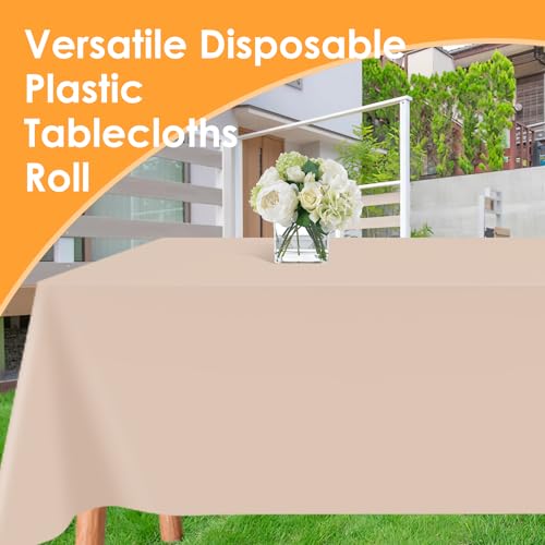 Image of tujol Beige Disposable Plastic Table Cloth Roll 54 inch X 100', Plastic Table Cover with Cutter Box, Cut to Size Disposable Tablecloth for Parties
