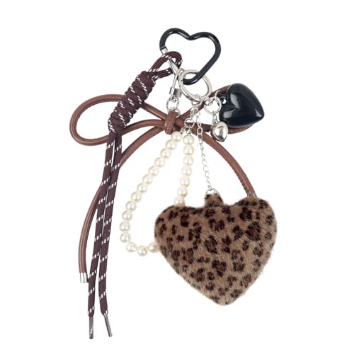 Fycyko Schlüsselanhänger Leopardenmuster Plüschherz Taschenanhänger für Bag Charms Auto Schlüsselanhänger Plüsch Cute Bow Keychain für Frauen und Mädchen Brau