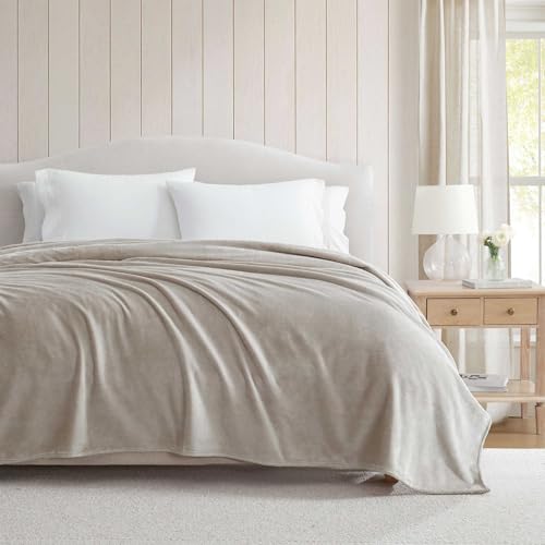 Image of Martha Stewart - King Size Blanket, Ultra-Soft Plush Fleece Throw Blanket with Double-Needle Stitching, 350 GSM, Medium Weight Bedding for Bed or Couch (Bedford Solid Grey)