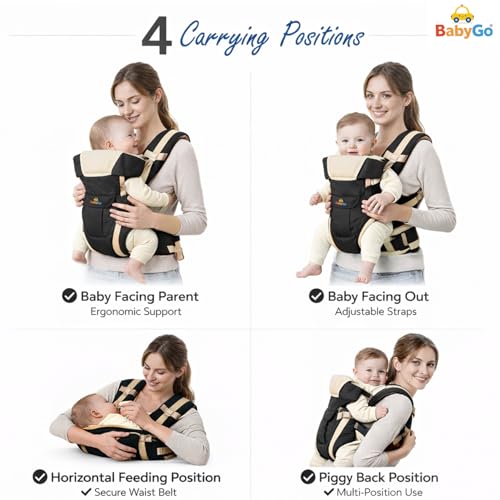 Image of BabyGo Kid Seat Baby Hip Carrier 4-in-1 Adjustable Baby Carrier Cum Kangaroo Bag|Front, Back|for 6 to 24 Months Baby|Newborn to Toddler Carrier|Safety Belt & Buckle Straps|Up to 15 Kgs (Black)