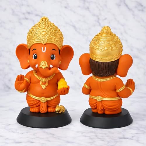 Image of Lord Kesari Ganesh Ji Idol, Kesari Gold Finish | Cute Ganpati Murti with Laddu, Resin Figurine, For Car Dashboard & Home Temple, For Pooja Room, Office Desk, Car Decor