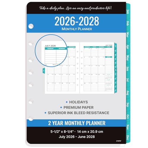 2026-2028 Monthly Planner Refill - Planner Inserts with 7-Hole Punched 5-1/2 x 8-1/2 Runs from July 2026 to June 2028 Two Pages Per Month Monthly Calendar with Monthly Tabs