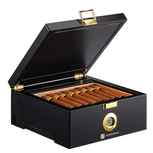 GLENCREAG Electric Thermostatic Cigar Humidor Box (64°F–74°F), 360° Airflow Fan, Spanish Cedar Wood & Thermometer, Dual Power (Type-C & Plug), Gifts for Men (20–30 Cigars)
