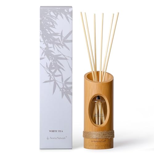 Aroma Naturals Ambientador Varillas Difusores de 100ml de cáscara de bambú, Fragancia Duradera en el Interior del hogar, Traje de Regalo para Mujeres con difusor en Forma de Palo (Té Blanco)