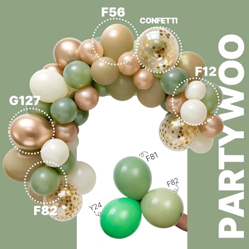 Image of PartyWoo Sage Green Balloons 65pcs 12 Inch Metallic Gold Sand White Light Brown Gold Confetti Balloons for Baby Shower Wedding Engagement Jungle Woodland Forest Birthday Party Decorations