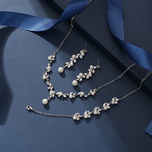 Elequeen Women's Simulated Pearl Wedding Jewelry Set, Cubic Zirconia Marquise Floral Bridal Necklace Earrings Bracelet Sets #TOP3