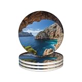 Juego de 4 posavasos redondos de cerámica absorbente con arco antideslizante en Mallorca, España, posavasos con soporte y base de corcho, posavasos reutilizables para tazas
