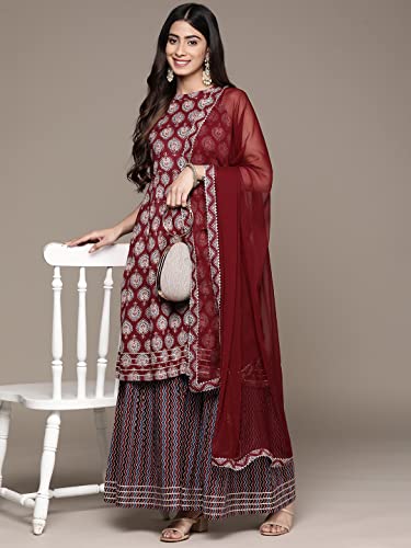 Image of ishin Women's Pure Cotton Maroon Abstract Printed A-Line Kurta suit set with Sharara & Dupatta