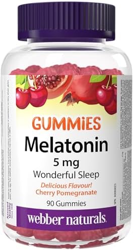 Webber Naturals Melatonin 5 mg Gummy, Extra Strength, 90 Gummies, Cherry Pomegranate Flavour, For Sleep Support, Vegan