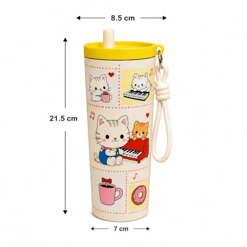 Image of Vasukie Cat Water Bottle Straw Lid and Carrying Strap - Stainless Steel Travel Cup Tumbler - Cute Cat Character Drinkware for Girls, Women. (Character May Vary)