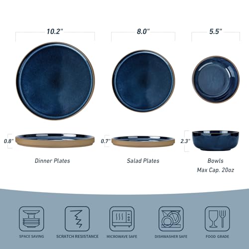 Image of Famiware Nature Plates and Bowls Sets, 12 Pieces Stoneware Dinnerware Sets, Dishes Set for 4, Dishware Sets, Microwave and Dishwasher Safe, Midnight Blue