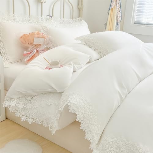 IHOUSTRIY Lace Duvet Cover Twin Size, Chic Ruffle Beddding Set, 2 Pieces Comforter Cover Set with Zipper Closure, Girl Bedding with Pillowcase