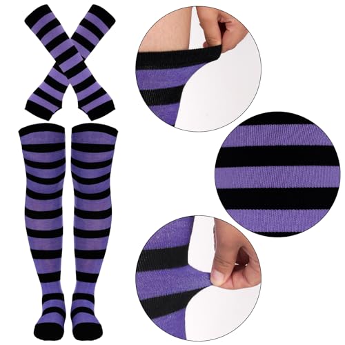Image of Tongcloud Women's Striped Knee High Socks, Over Knee Thigh High Socks, Arm Warmer and Fingerless Gloves Set