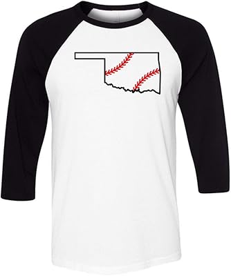 TeesAndTankYou State Shape Baseball Oklahoma Three-Quarter Raglan Sleeve Baseball Shirt Unisex 2X-Large White/Black