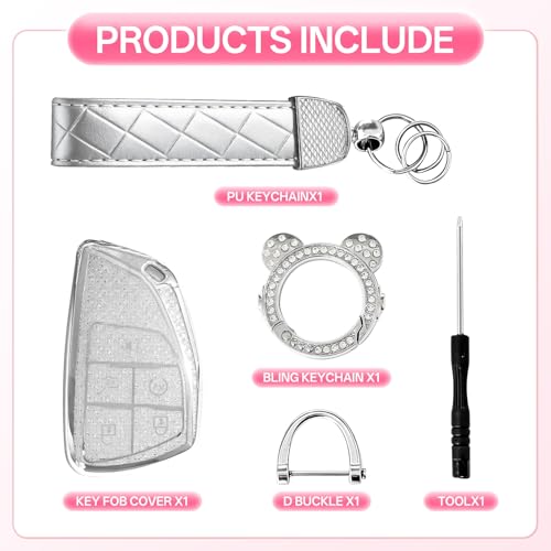 Avalessia for Chevy Key Fob Cover with Keychain,5 Buttons Soft TPU Protector Bling Car Keys Case Shell Compatible with 2021-2024 Chevy Tahoe Suburban GMC Yukon Silverado Buick Smart Key(Silver Clear) — view 3