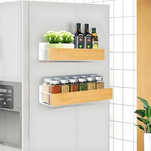 KedioPio Etagere Magnetique Frigo Blanche, Lot de 2 Étagère Aimantée Frigo Bois, Porte Epice Magnetique Support Range Épices Aimanté Bambou pour Rangement...