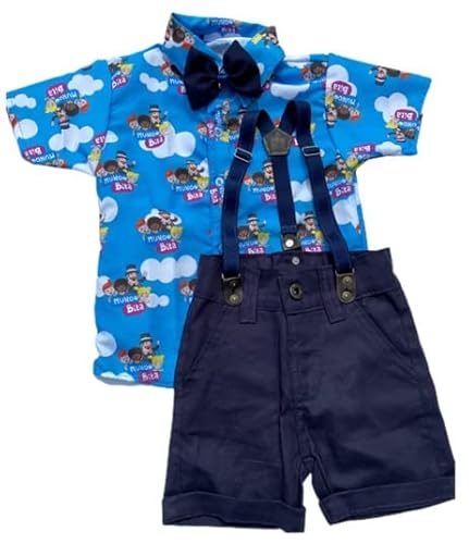 Mundo Bita Estampado Kit Roupa Conjunto Infantil Menino 4 Peças Camisa Gravata Bermuda e Suspensório