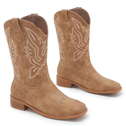 Image of Cowgirl Boots Square Toe Cowboy Boots For Women Ladies Mid Calf Low Heel Flat