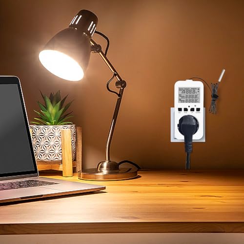 Temperaturregler, 230v Thermostat Steckdose mit Fühler, Elektronisches Thermostat mit Zeitschaltuhr, Digitaler Temperaturregler für Gewächshaus,Aquarium,Terrarium Reptilien