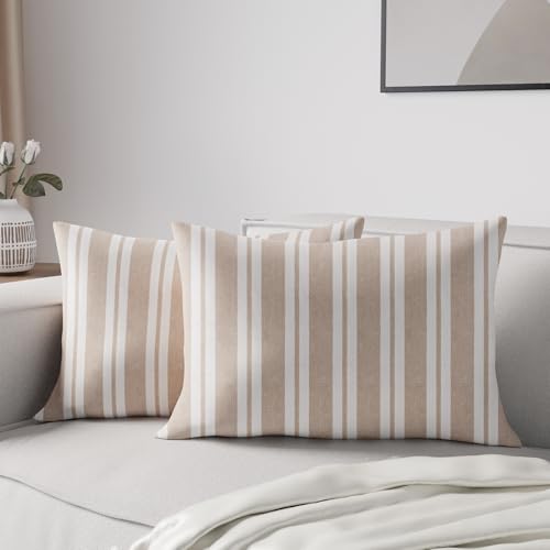 Encasa XO Taie d'oreiller 2 Pièces (50x30 cm) - Rayures Franca Beige - Couvre Oreiller Rectangulaire Uncolored en Toile de Coton Doux Coloré Décoratif pour...
