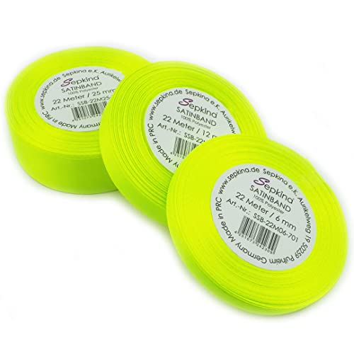 Sepkina Lot de 6 rouleaux de ruban de satin 12 et 25 mm - Ruban décoratif - Ruban décoratif - Ruban décoratif - Satin jaune fluo - Jaune fluo