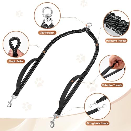 Tangle Free Double Dog Leash for Two Dogs,360° Swivel,for Medium Dogs - 2