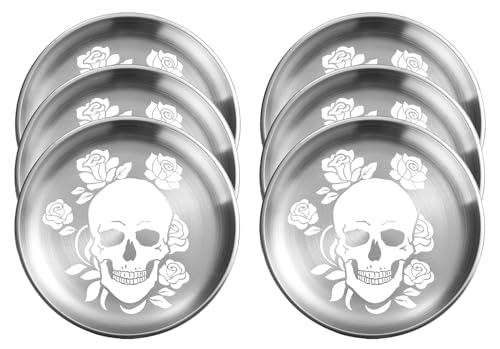 XIAOYU 6 Pack Halloween Skeleton Stainless Steel Dinner Plates, Skull Gothic Round Metal Plates, Unique Skull/Flower Pattern Design, Metal Dinner Dishes For Dinner, Party, Camping, Dishwasher Safe