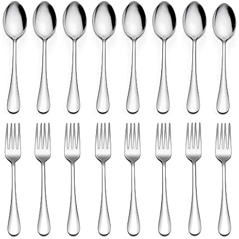 LIANYU 16-Piece Forks and Spoons Silverware Set, 8 Dinner Spoon and 8 Dinner Fork, Stainless Steel Flatware Cutlery Set for Home Kitchen Hotel, Mirror Finished, Dishwasher Safe Cover